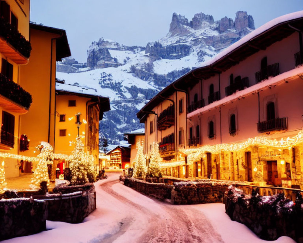 Snowy Mountain Village Street with Festive Decorations at Dusk