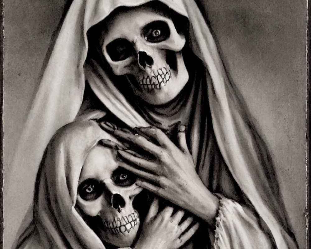 Monochrome artwork featuring skeletal figures in cloaks with skull visages