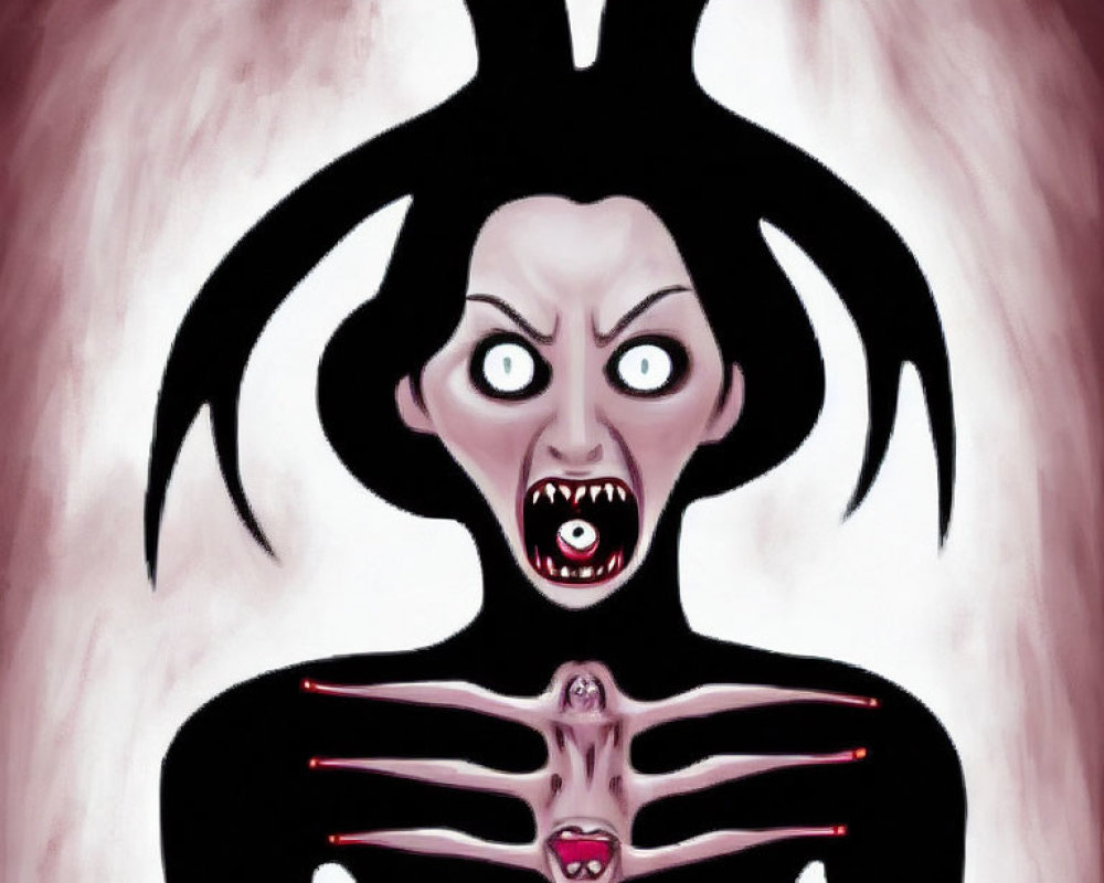 Figure with multiple screaming faces and dark halo shapes illustration.