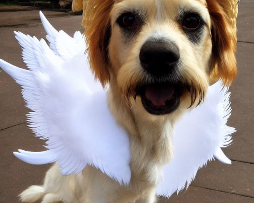 White-winged dog with human-like features on path with greenery