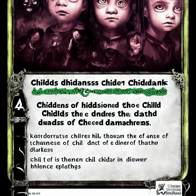 Ghostly children's faces in dark, eerie green surroundings with obscured Gothic text