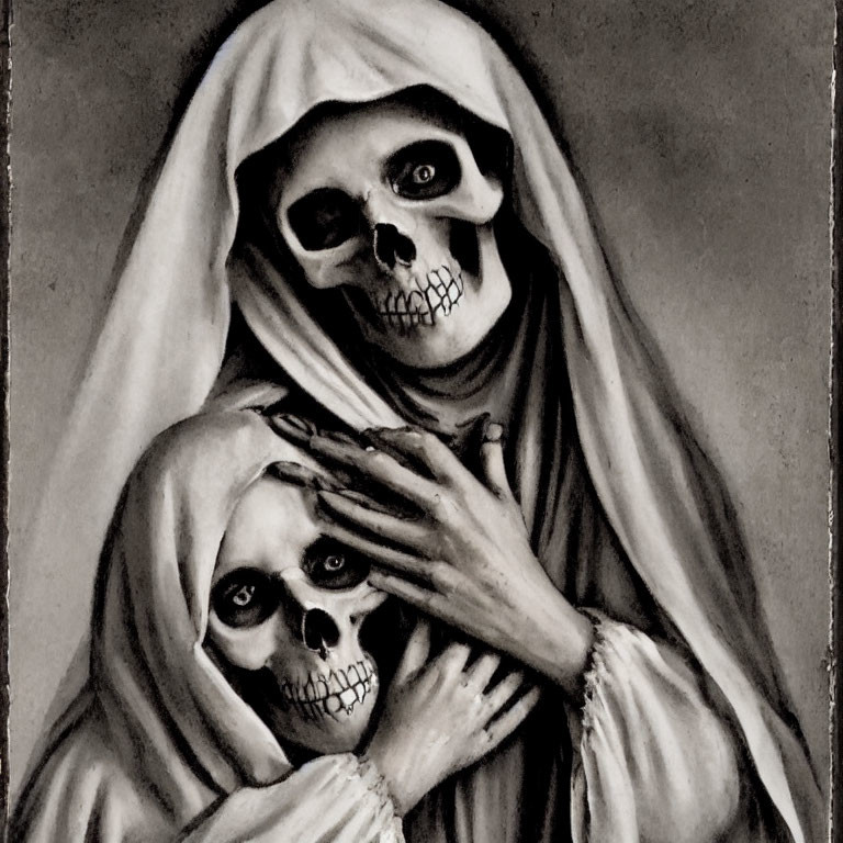 Monochrome artwork featuring skeletal figures in cloaks with skull visages