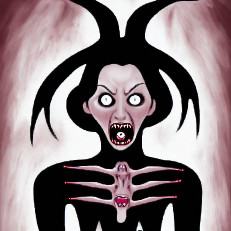 Figure with multiple screaming faces and dark halo shapes illustration.