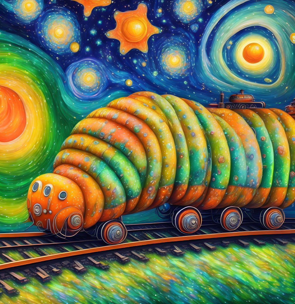 Colorful Caterpillar-Shaped Train on Starry Night Sky Background