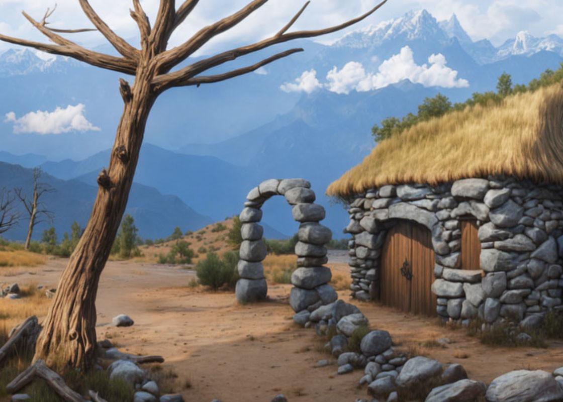 Digital painting of rustic stone house in tranquil mountain landscape