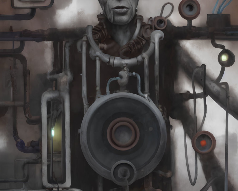 Elderly cyborg with weathered skin and industrial machinery integration