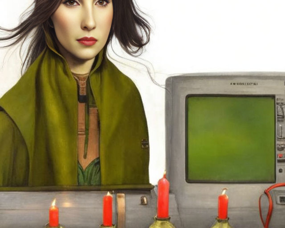 Illustrated woman in green cloak near old computer monitor and candles