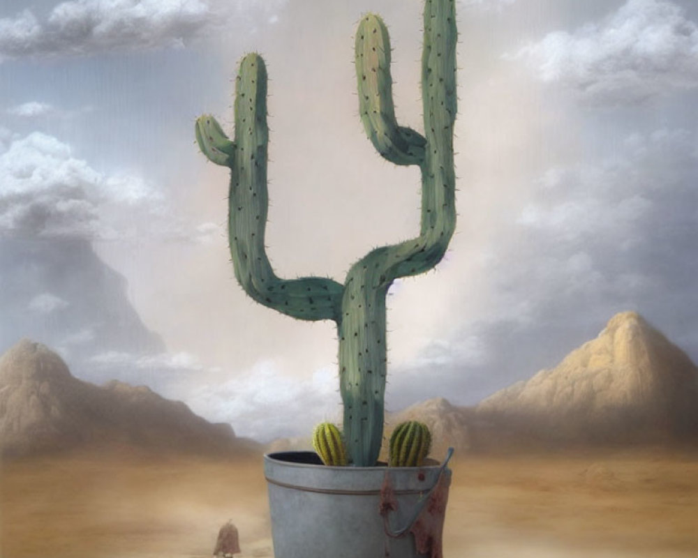 Large cactus in pot against desert backdrop with overcast skies; tiny human figures for scale.