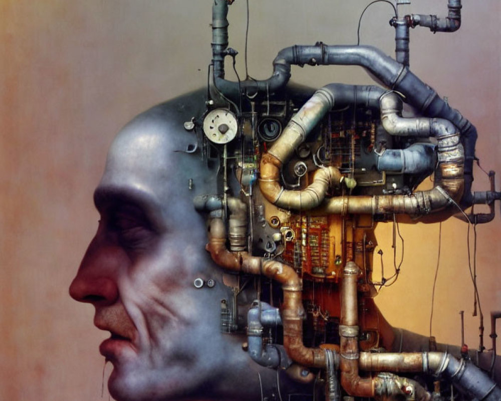 Surreal Human Profile with Mechanical and Electronic Components