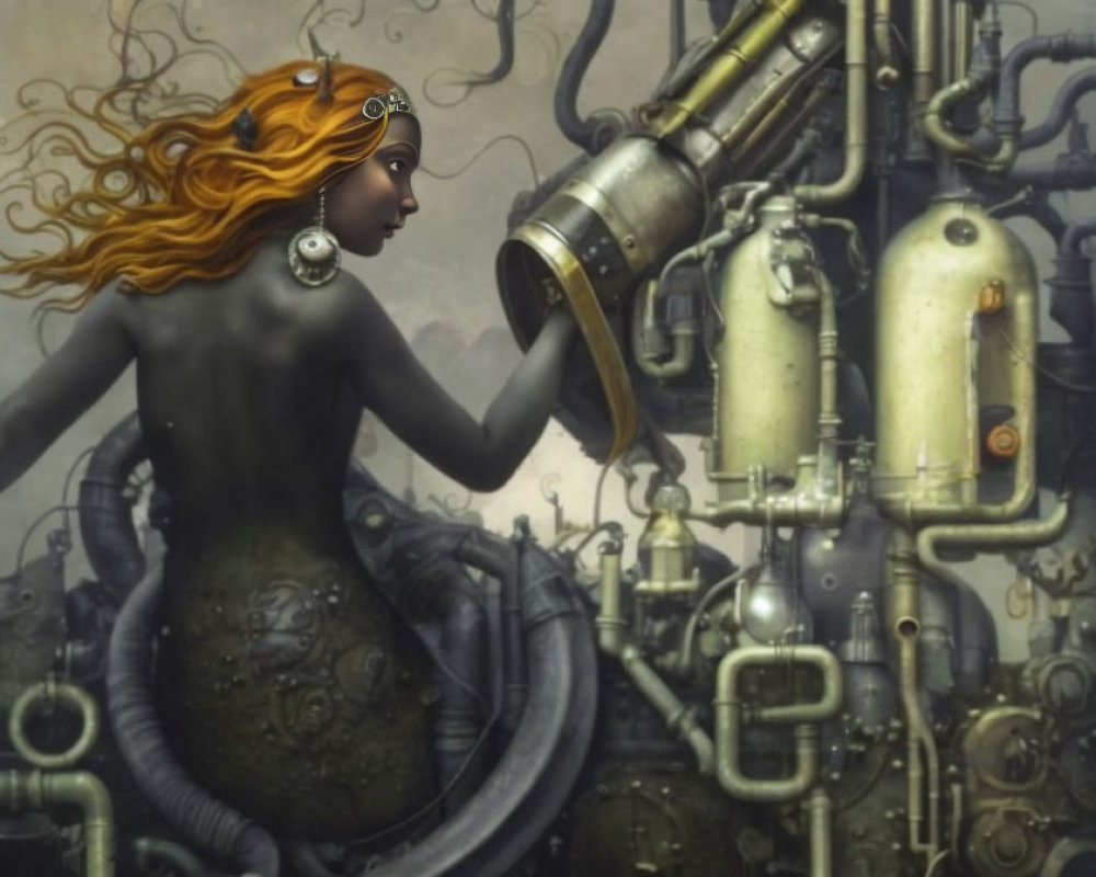 Orange-Haired Person with Goggles Observing Steampunk Telescope Amid Industrial Setting