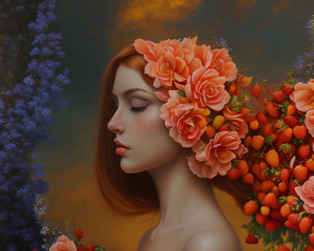 Woman with Orange Flower Wreath and Strawberries in Hair Illustration