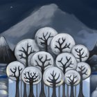 Surreal painting of glowing canopy trees with mountains and starry sky