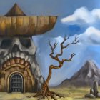 Surreal desert landscape with skull-shaped structure, twisted tree, and cloudy sky