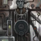 Elderly cyborg with weathered skin and industrial machinery integration