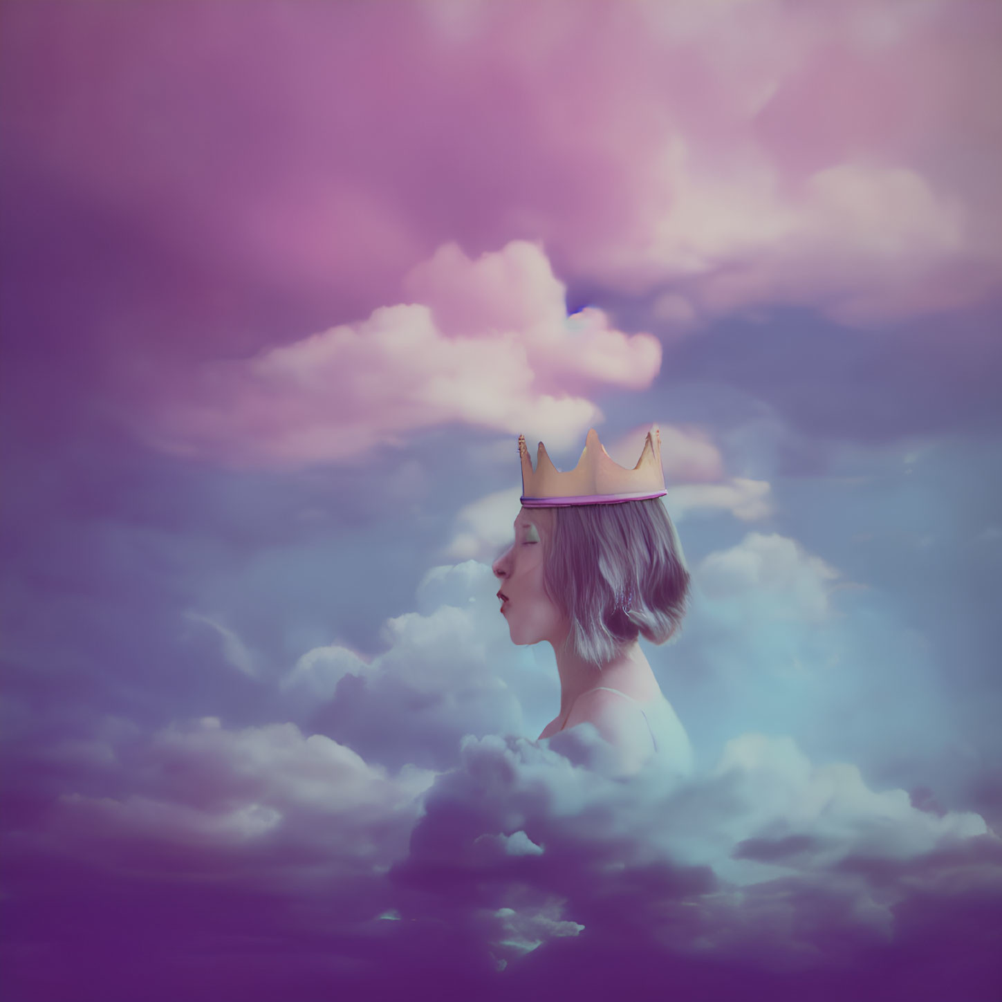 Profile of person with crown in serene sky with purple hues and fluffy clouds