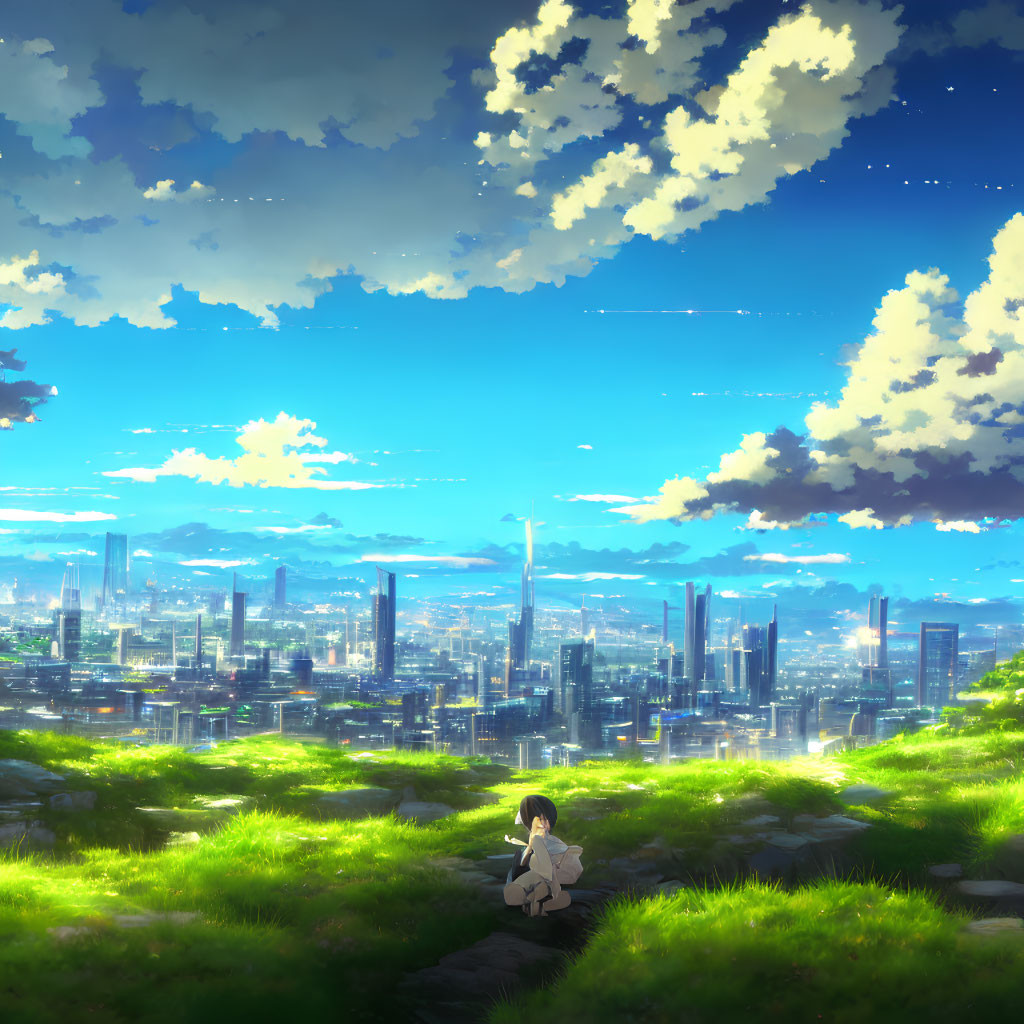 Solitary figure on grassy hill overlooking futuristic cityscape