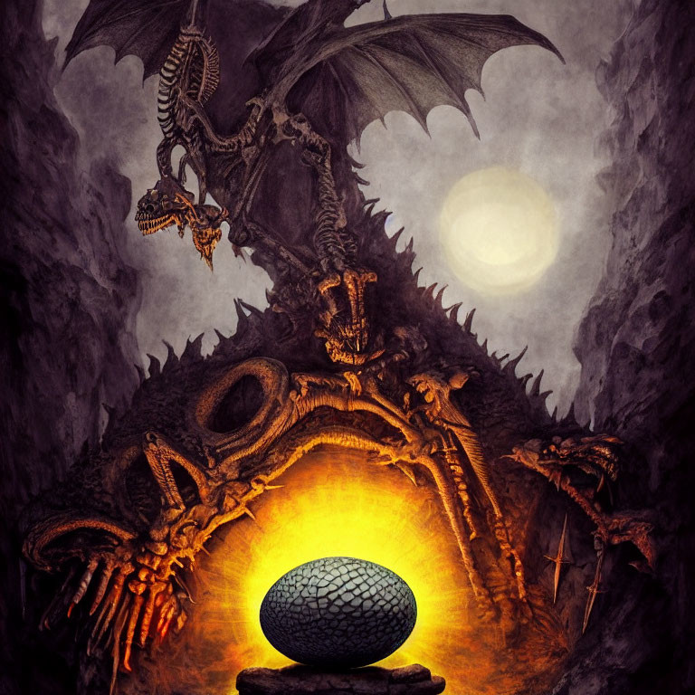 Dragon perched on colossal skull with glowing egg under moonlit sky