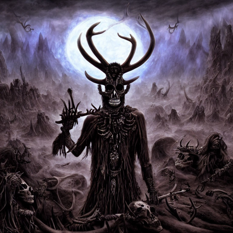 Eerie skeletal figure with antlers in dark, misty landscape