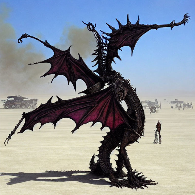 Intricate dragon sculpture with spread wings in desert landscape