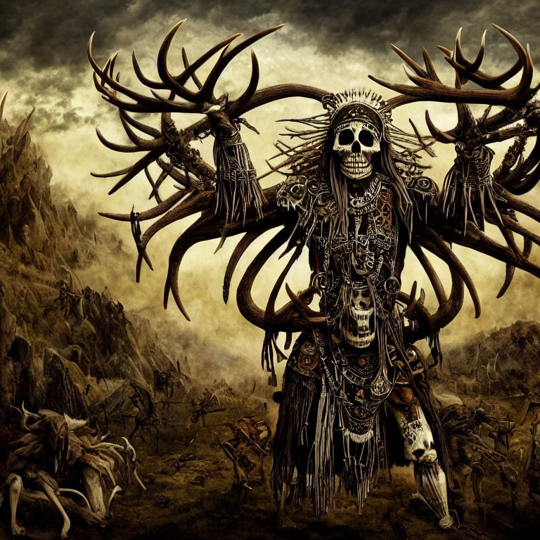 Skull-faced skeletal figure in tribal attire with antler headdress in barren landscape