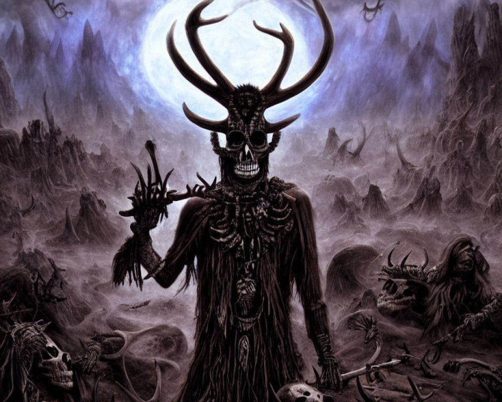 Eerie skeletal figure with antlers in dark, misty landscape