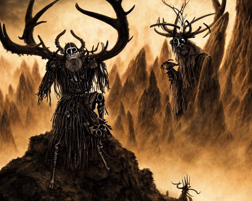 Skeleton Figures with Large Antlers in Mountainous Terrain