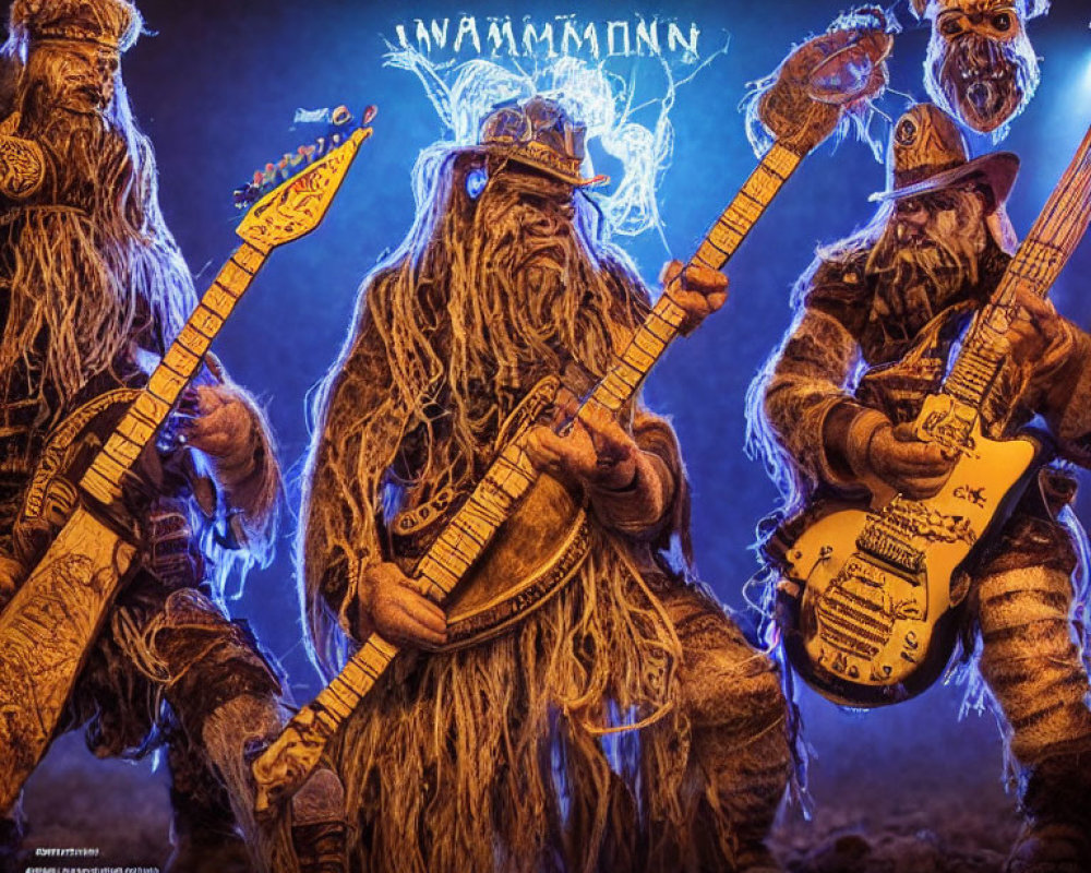 Three musicians in ornate, illuminated blue costumes play guitars in ethereal setting