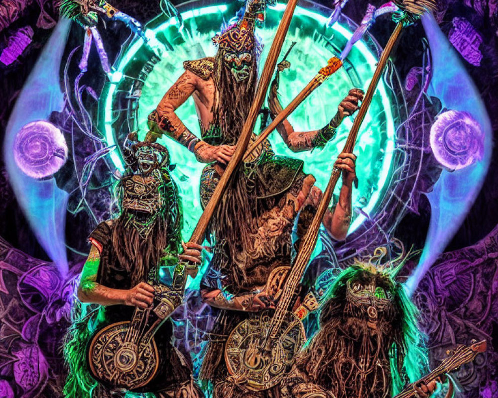 Three tribal figures in ornate costumes with masks holding staffs and string instruments against a neon green and