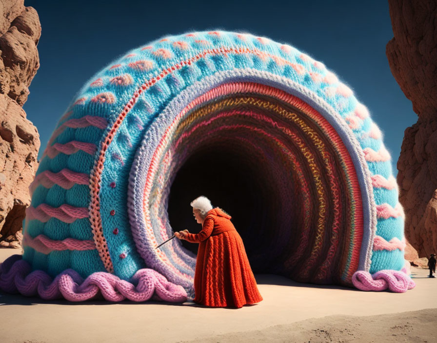 Person in Orange Robe at Cave Entrance in Colorful Knit Patterns