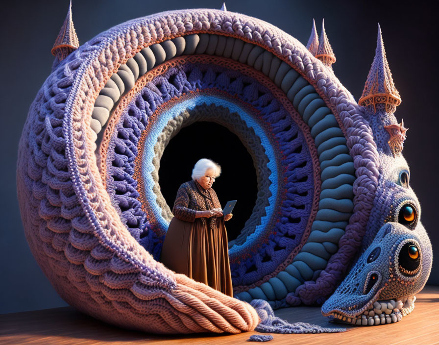 Elderly person reading next to fantastical creature with spiral body and castle-like structures