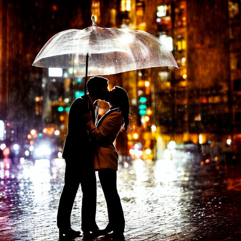 Couple kissing under transparent umbrella on rainy night with city lights in background