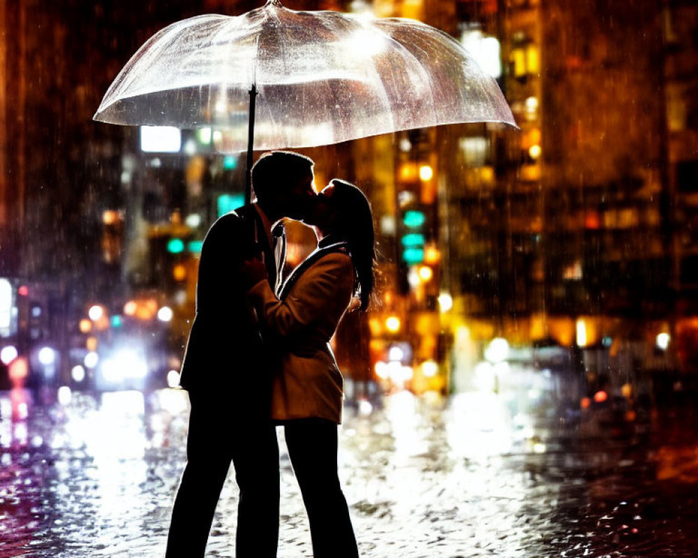 Couple kissing under transparent umbrella on rainy night with city lights in background