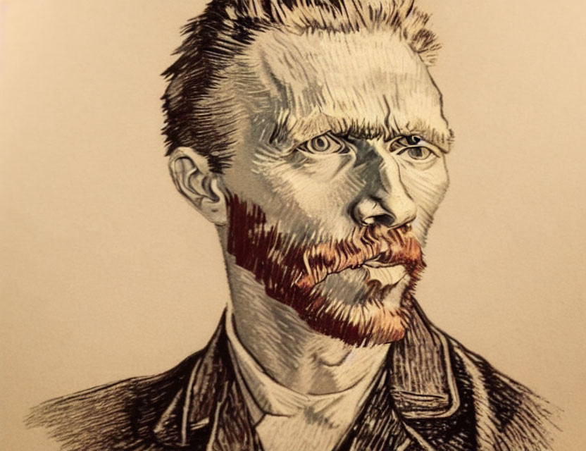 Detailed portrait sketch of a man with intense eyes and a prominent beard