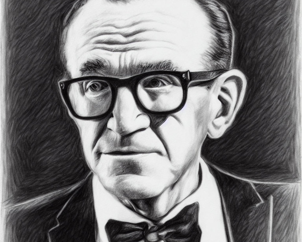 Detailed pencil sketch of mature man with glasses, bow tie, and prominent cheekbones