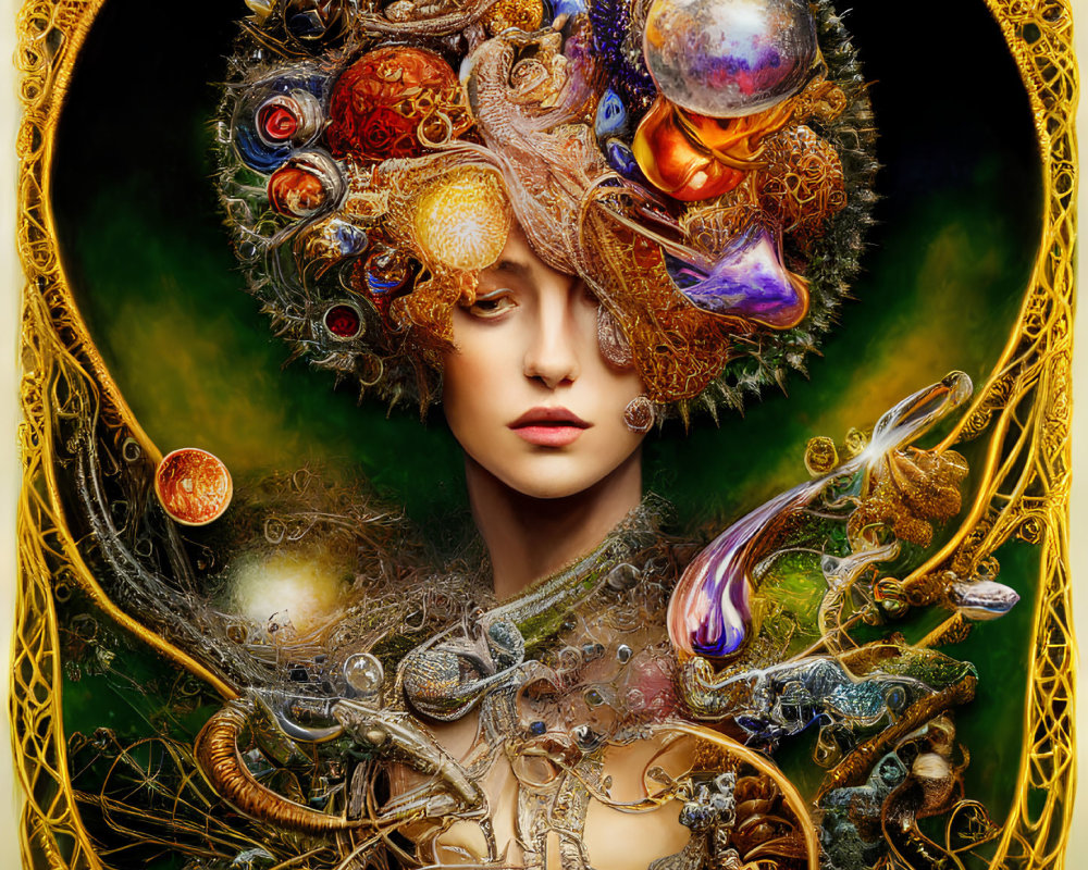 Surreal portrait of a woman with cosmic headdress and golden background