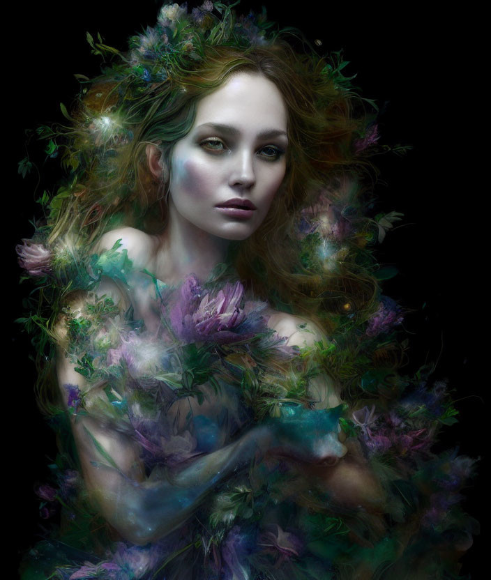 Mystical portrait of woman with flowing hair and floral embellishments