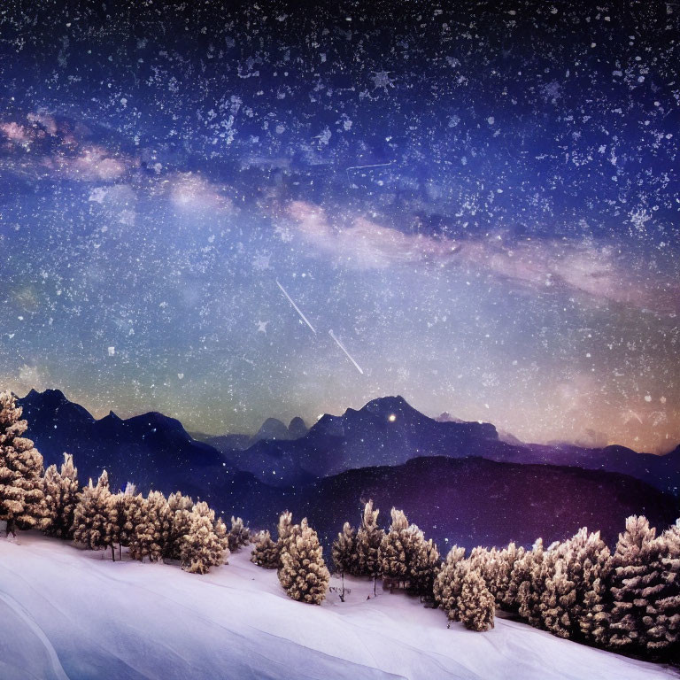 Snowy Night Landscape: Starry Sky, Milky Way, Shooting Stars, Silhouetted Mountains