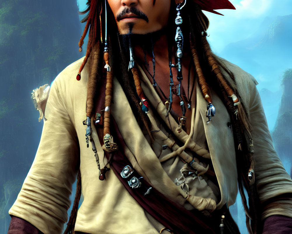 Person in pirate costume with red headband, braids, and beads against blue sky.