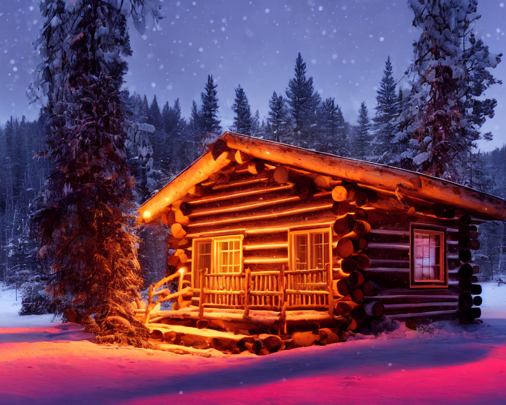 Snowy forest log cabin under twilight sky with falling snowflakes