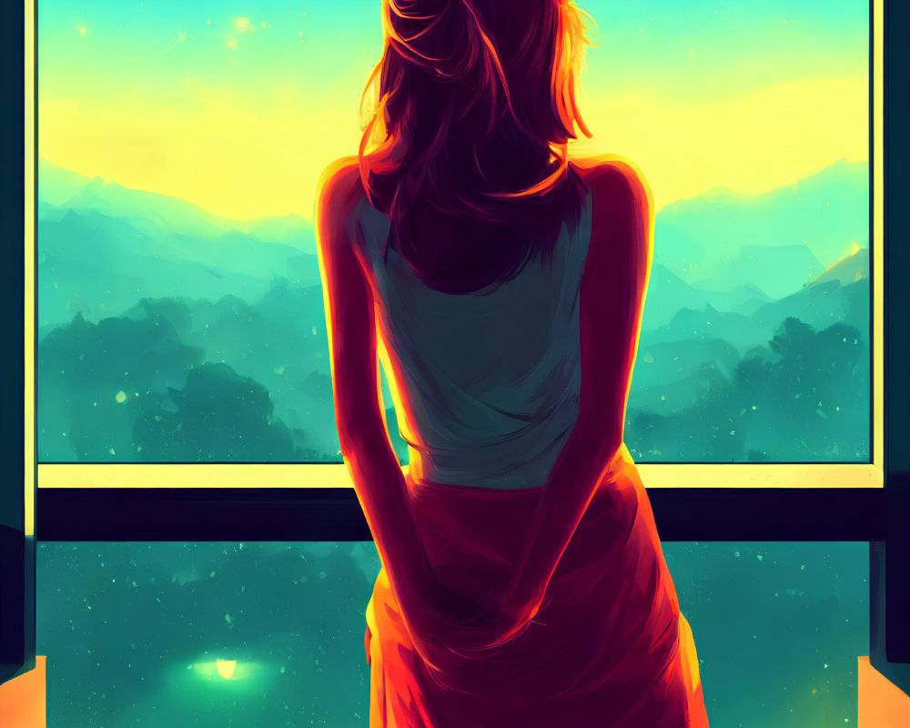 Woman in Red Dress Looking at Sunset over Mountains from Large Window