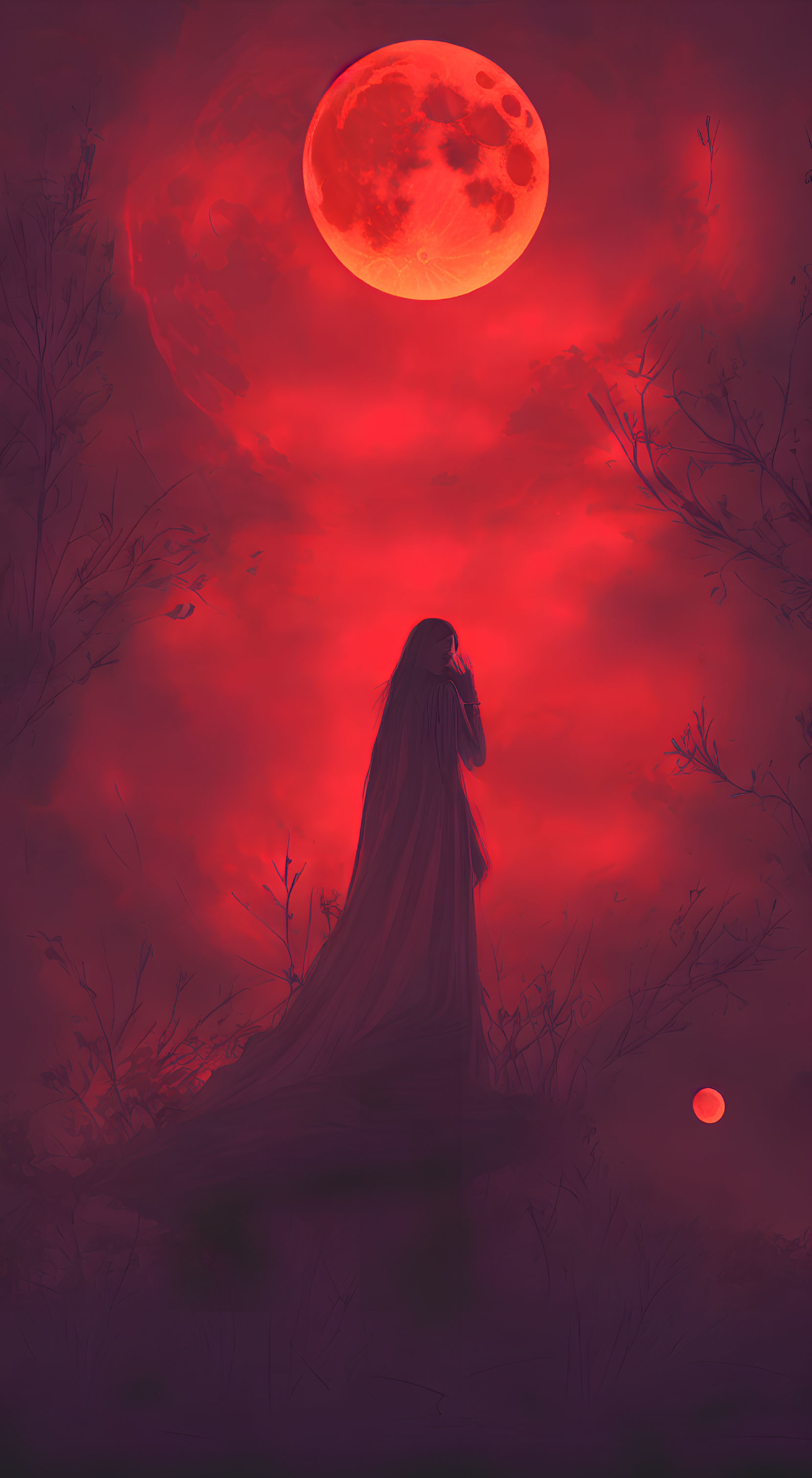 Mysterious figure in cloak under red moon and dark trees