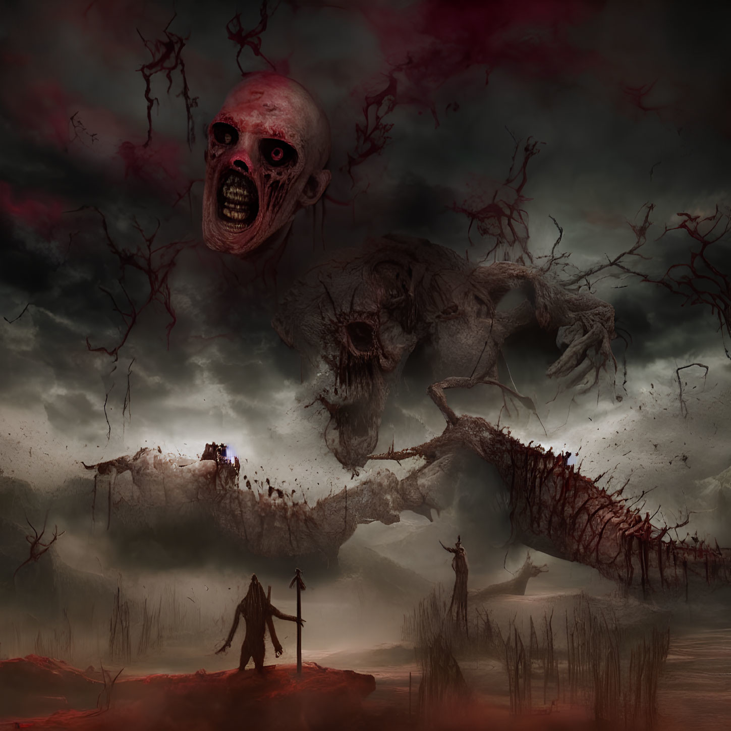 Dark Fantasy Scene: Skeletal Creatures, Foreboding Sky, Eerie Barren Trees