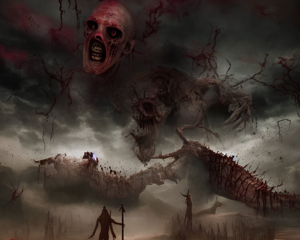 Dark Fantasy Scene: Skeletal Creatures, Foreboding Sky, Eerie Barren Trees