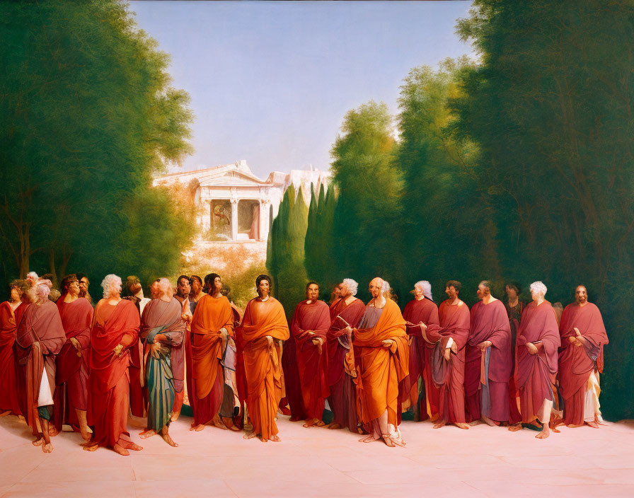 Group of robed figures discussing at ancient temple in classical painting