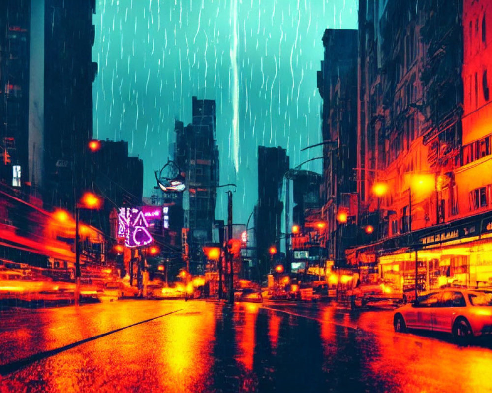 Neon-lit urban street scene on rainy evening