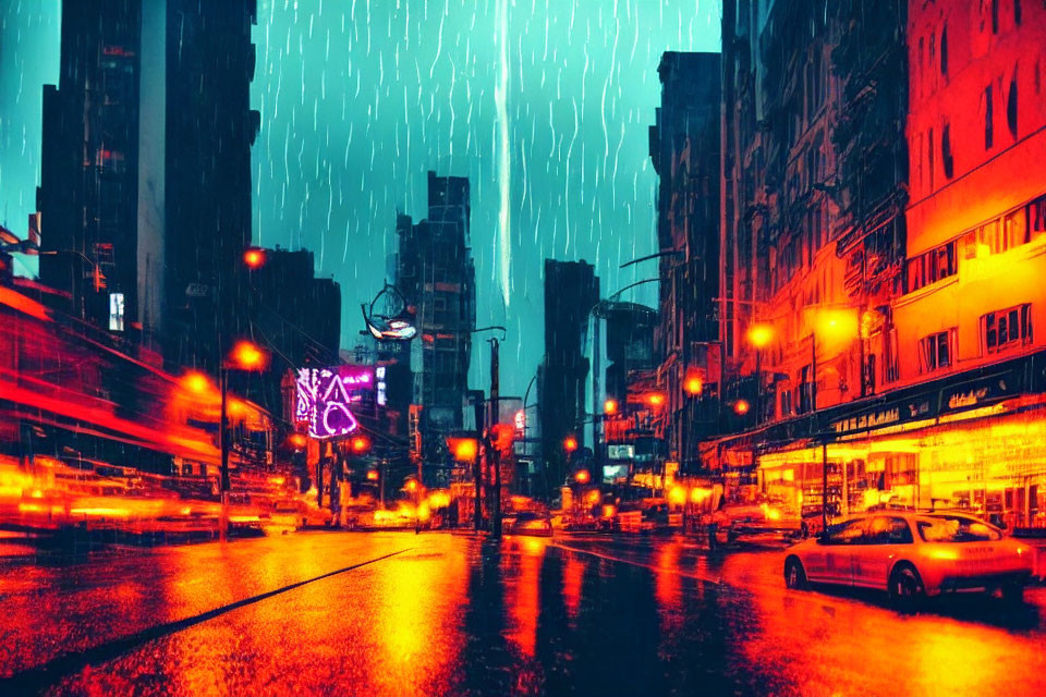 Neon-lit urban street scene on rainy evening