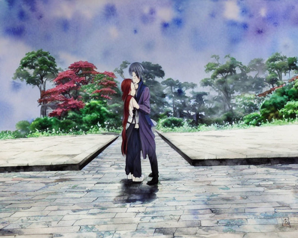 Anime characters embrace on cobblestone path with colorful trees & cloudy sky