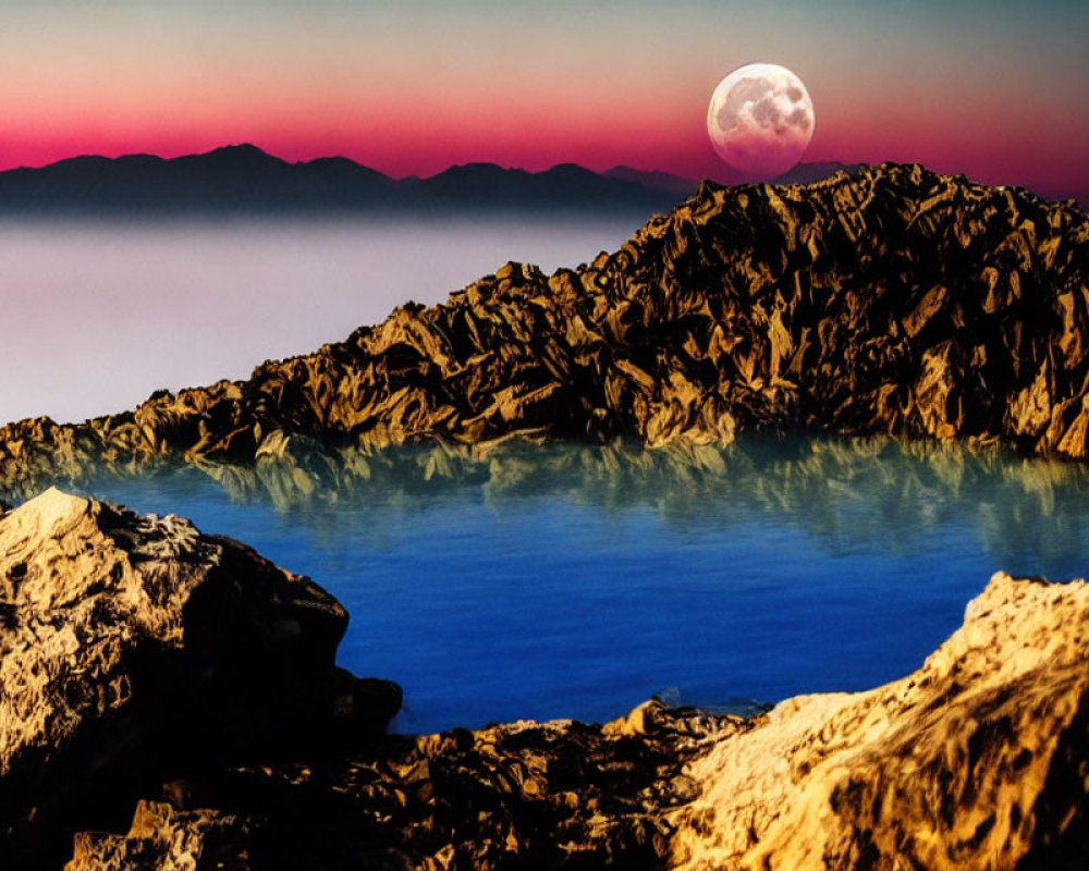 Twilight mountain landscape with blue lake and full moon