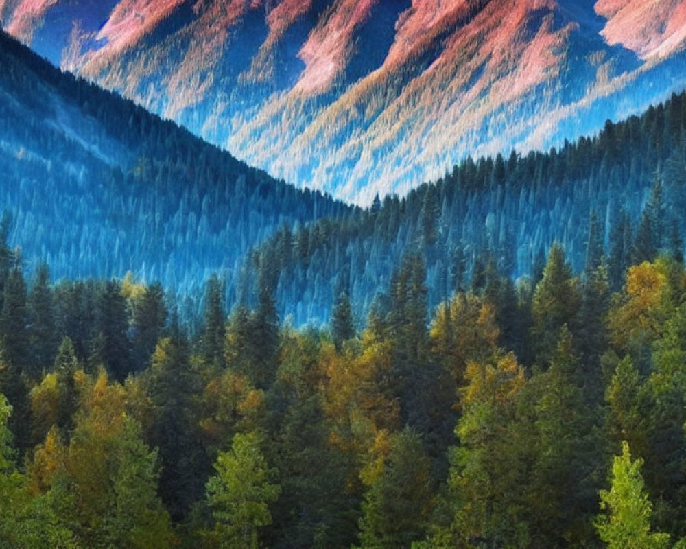 Vibrant green, orange, and blue forested hills in layered pattern