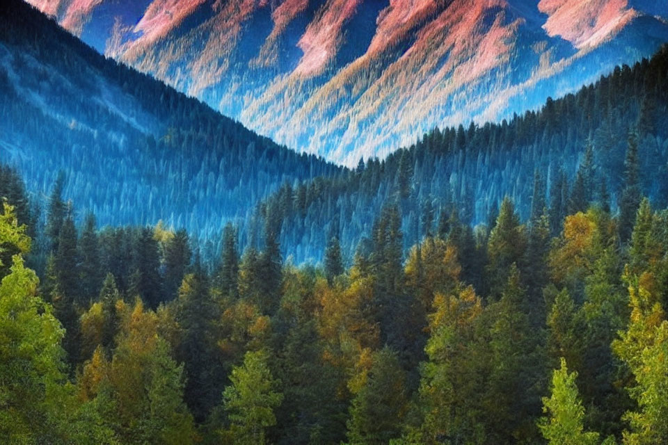 Vibrant green, orange, and blue forested hills in layered pattern